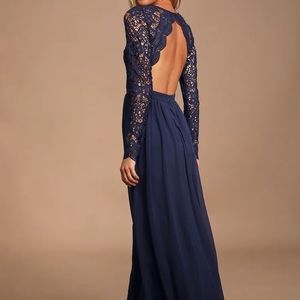 LULU’s Awaken My Love Navy Blue Long Sleeve Lace Maxi Dress